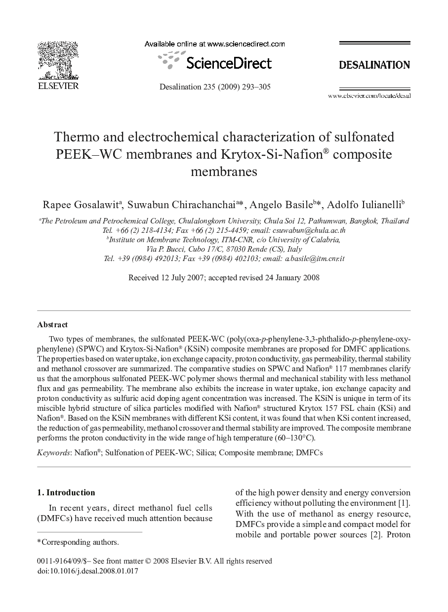 Thermo and electrochemical characterization of sulfonated PEEK–WC membranes and Krytox-Si-Nafion® composite membranes