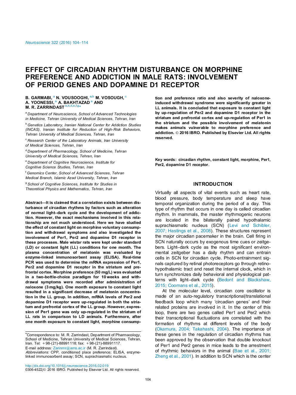 Effect of circadian rhythm disturbance on morphine preference and addiction in male rats: Involvement of period genes and dopamine D1 receptor