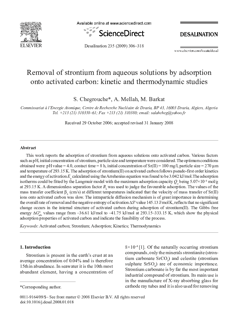 Removal of strontium from aqueous solutions by adsorption onto activated carbon: kinetic and thermodynamic studies