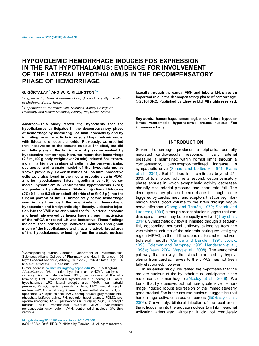 Hypovolemic hemorrhage induces Fos expression in the rat hypothalamus: Evidence for involvement of the lateral hypothalamus in the decompensatory phase of hemorrhage