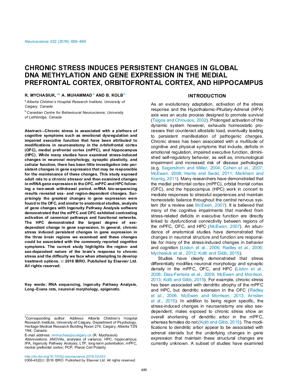 Chronic stress induces persistent changes in global DNA methylation and gene expression in the medial prefrontal cortex, orbitofrontal cortex, and hippocampus