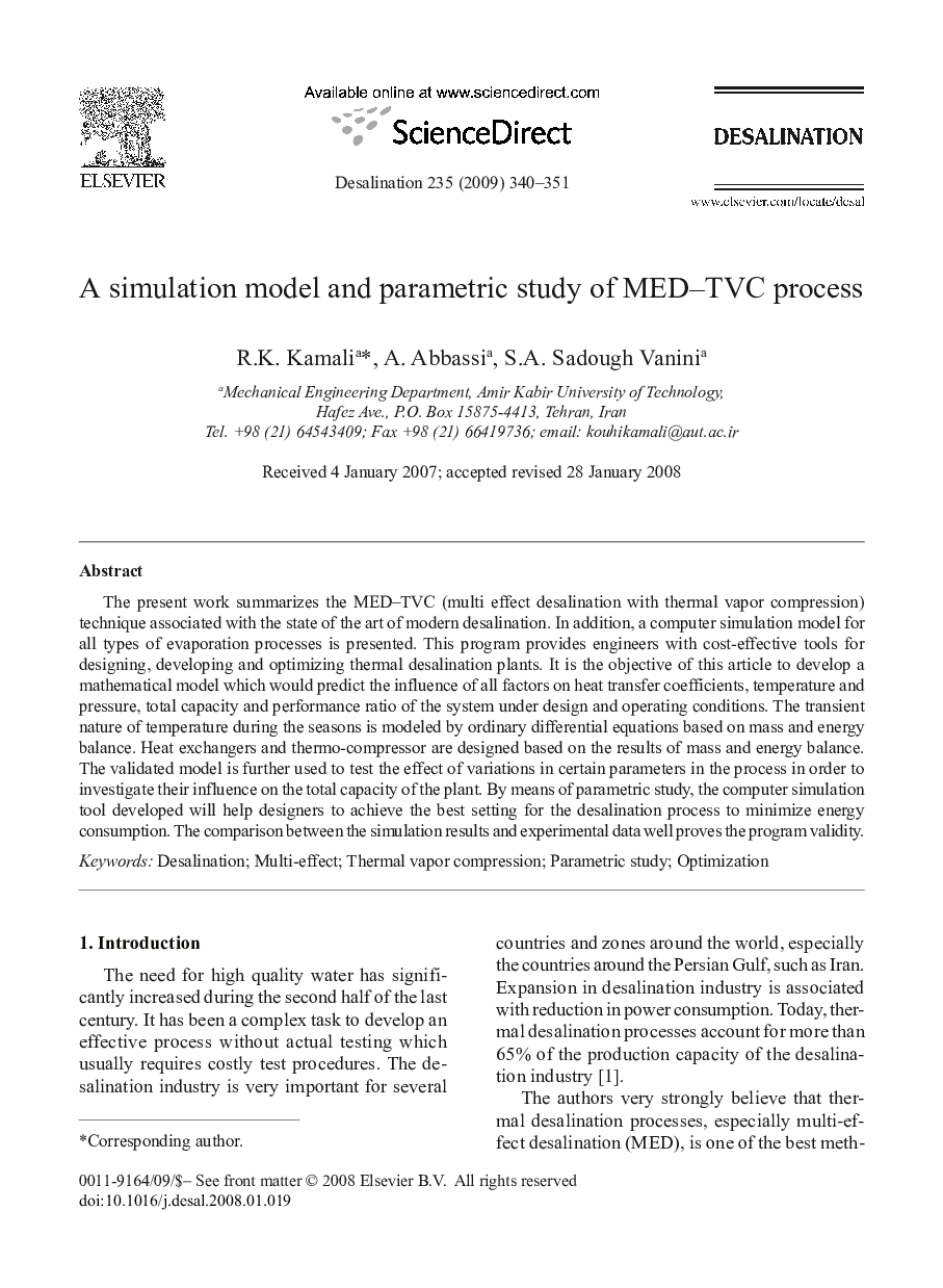 A simulation model and parametric study of MED–TVC process