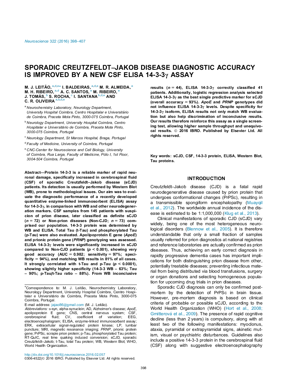 Sporadic Creutzfeldt-Jakob disease diagnostic accuracy is improved by a new CSF ELISA 14-3-3Î³ assay