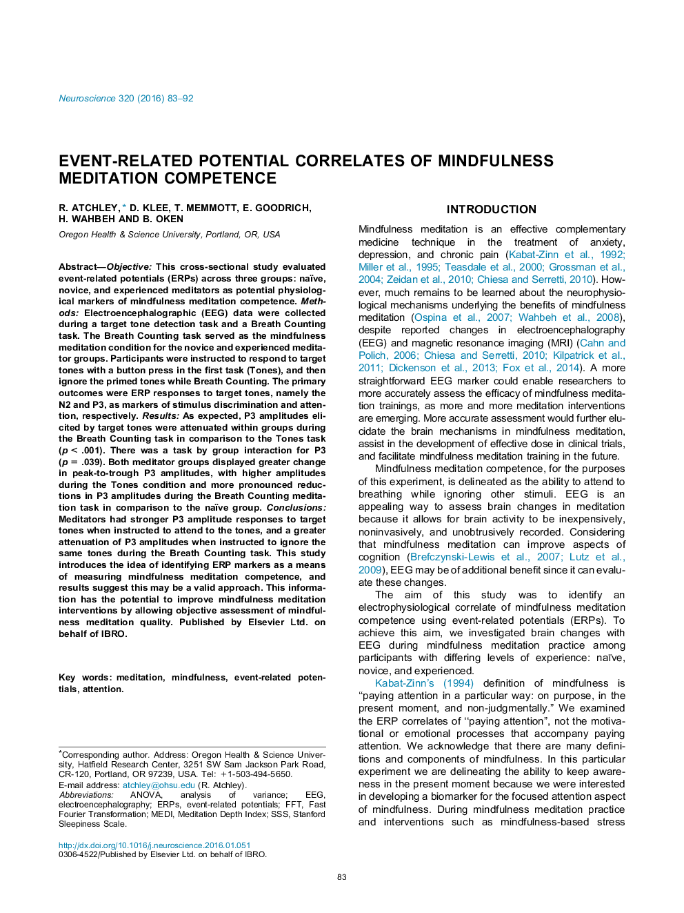 Event-related potential correlates of mindfulness meditation competence