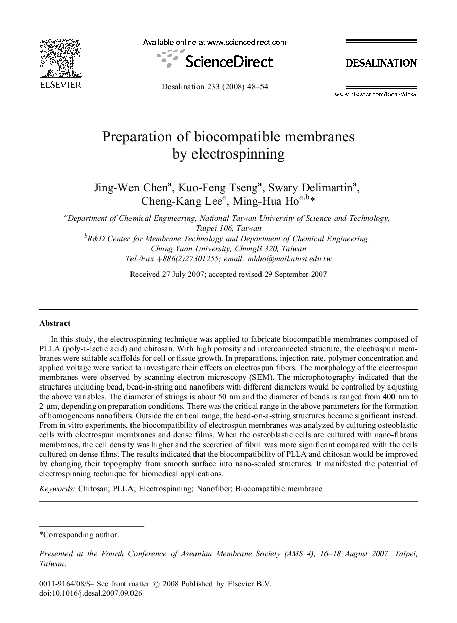 Preparation of biocompatible membranes by electrospinning