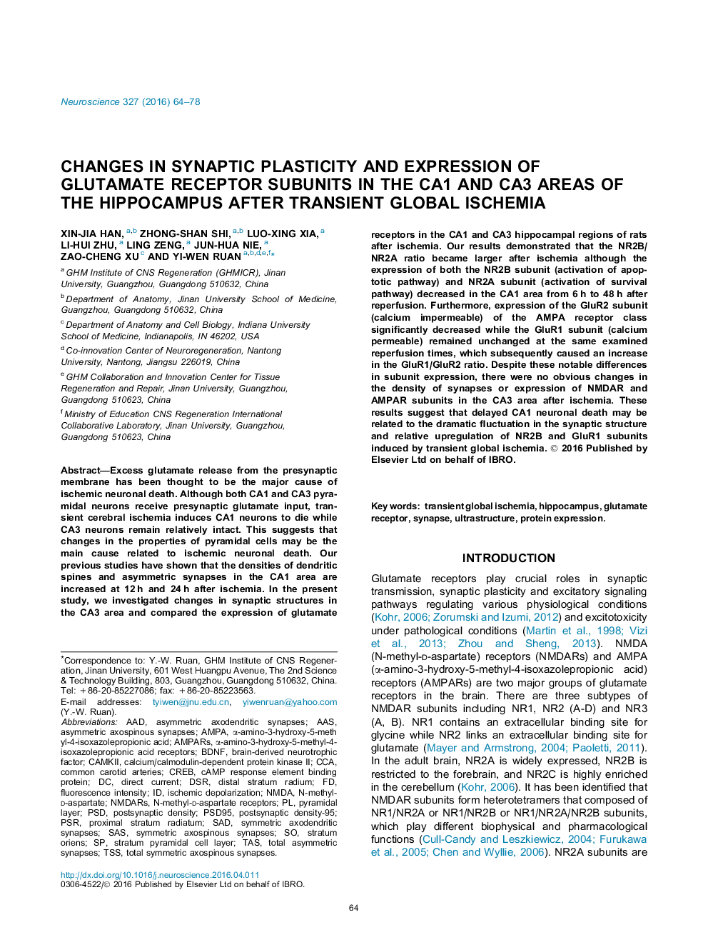 Changes in synaptic plasticity and expression of glutamate receptor subunits in the CA1 and CA3 areas of the hippocampus after transient global ischemia