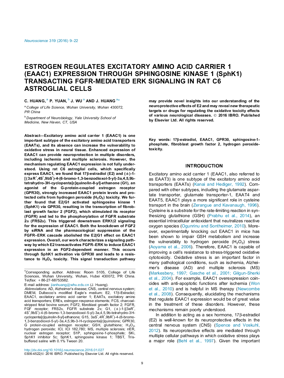 Estrogen regulates excitatory amino acid carrier 1 (EAAC1) expression through sphingosine kinase 1 (SphK1) transacting FGFR-mediated ERK signaling in rat C6 astroglial cells