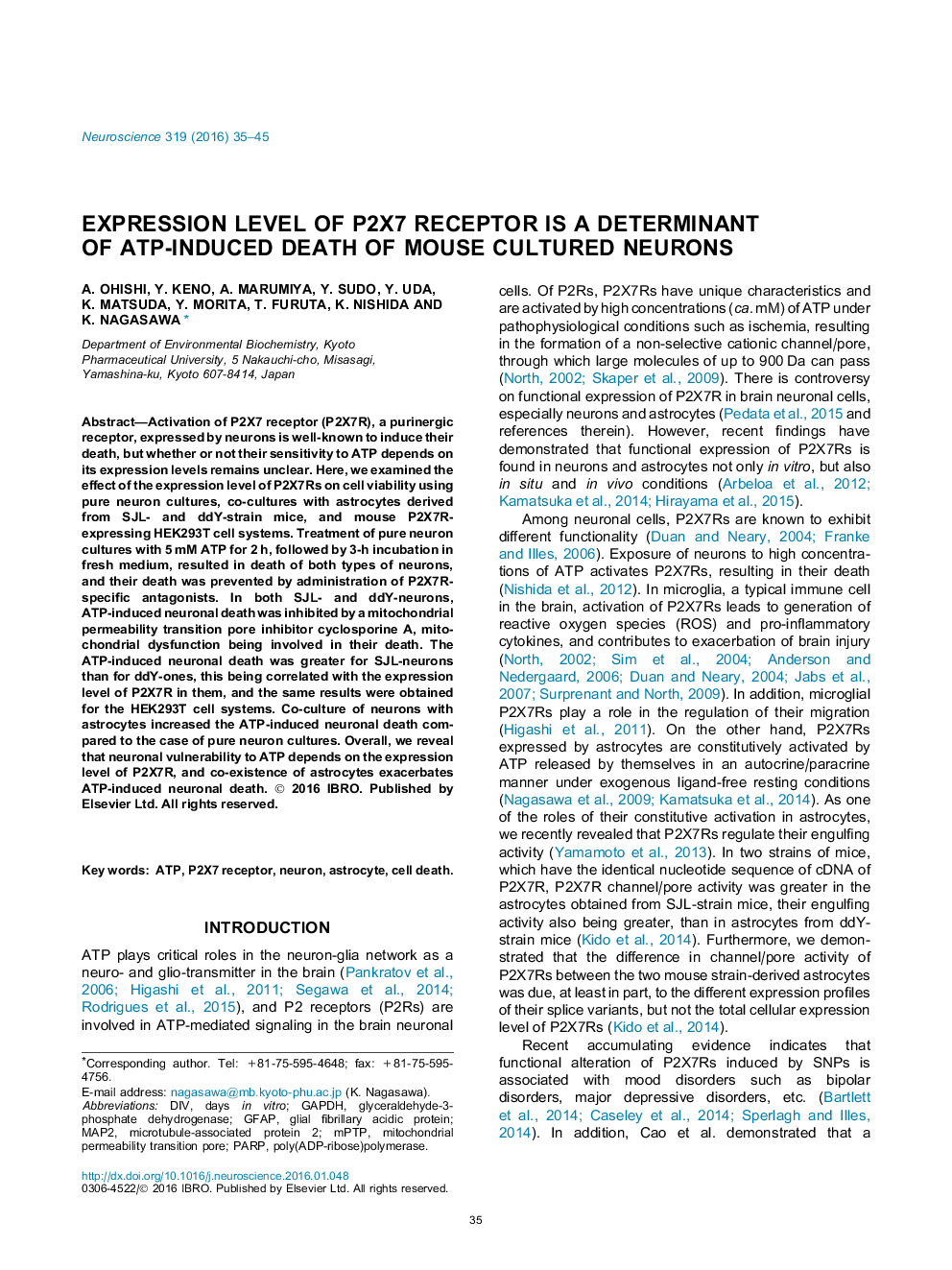 Expression level of P2X7 receptor is a determinant of ATP-induced death of mouse cultured neurons