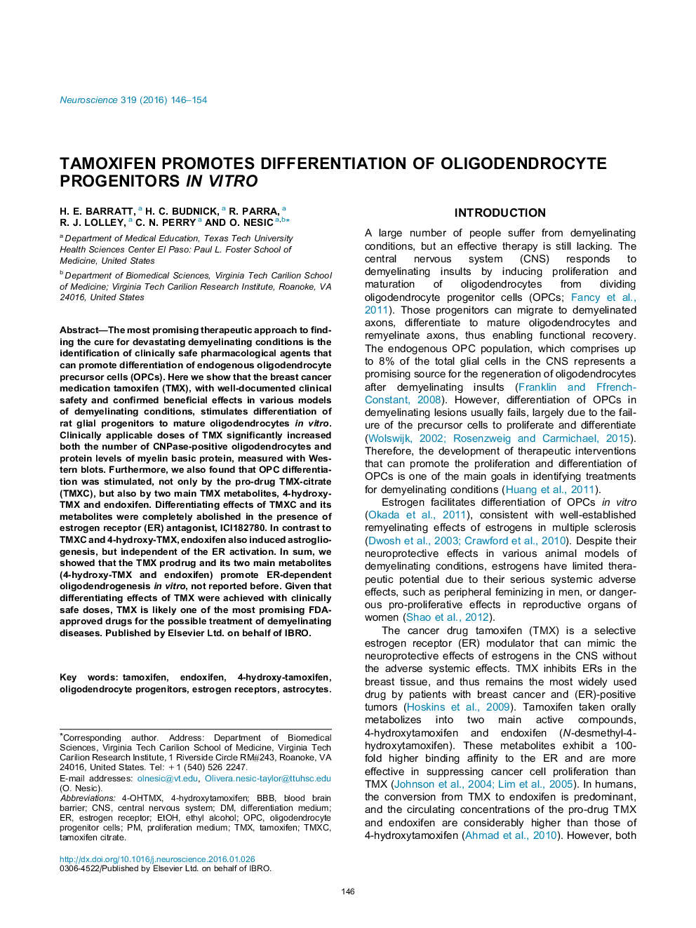 Tamoxifen promotes differentiation of oligodendrocyte progenitors in vitro