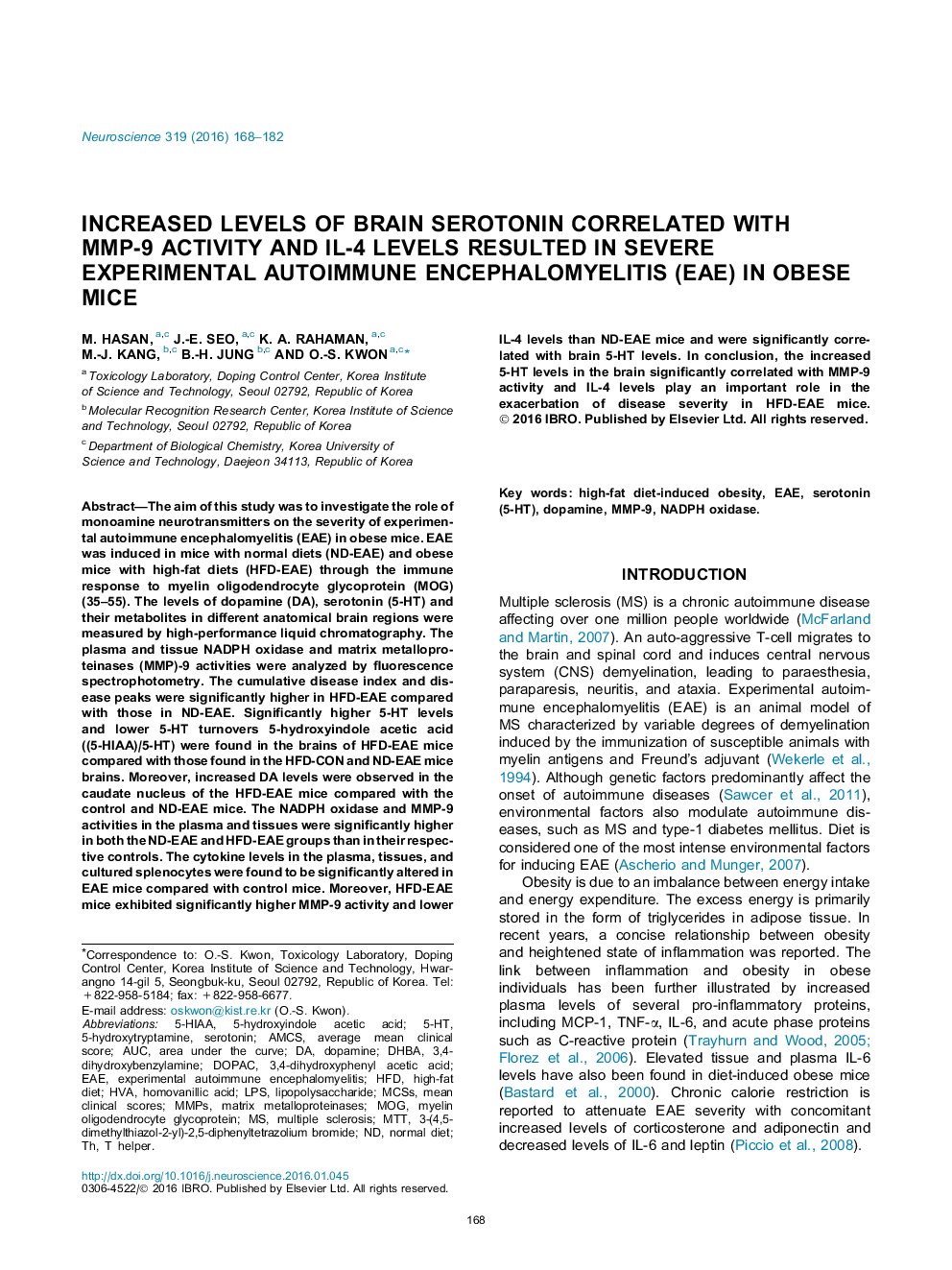 Increased levels of brain serotonin correlated with MMP-9 activity and IL-4 levels resulted in severe experimental autoimmune encephalomyelitis (EAE) in obese mice