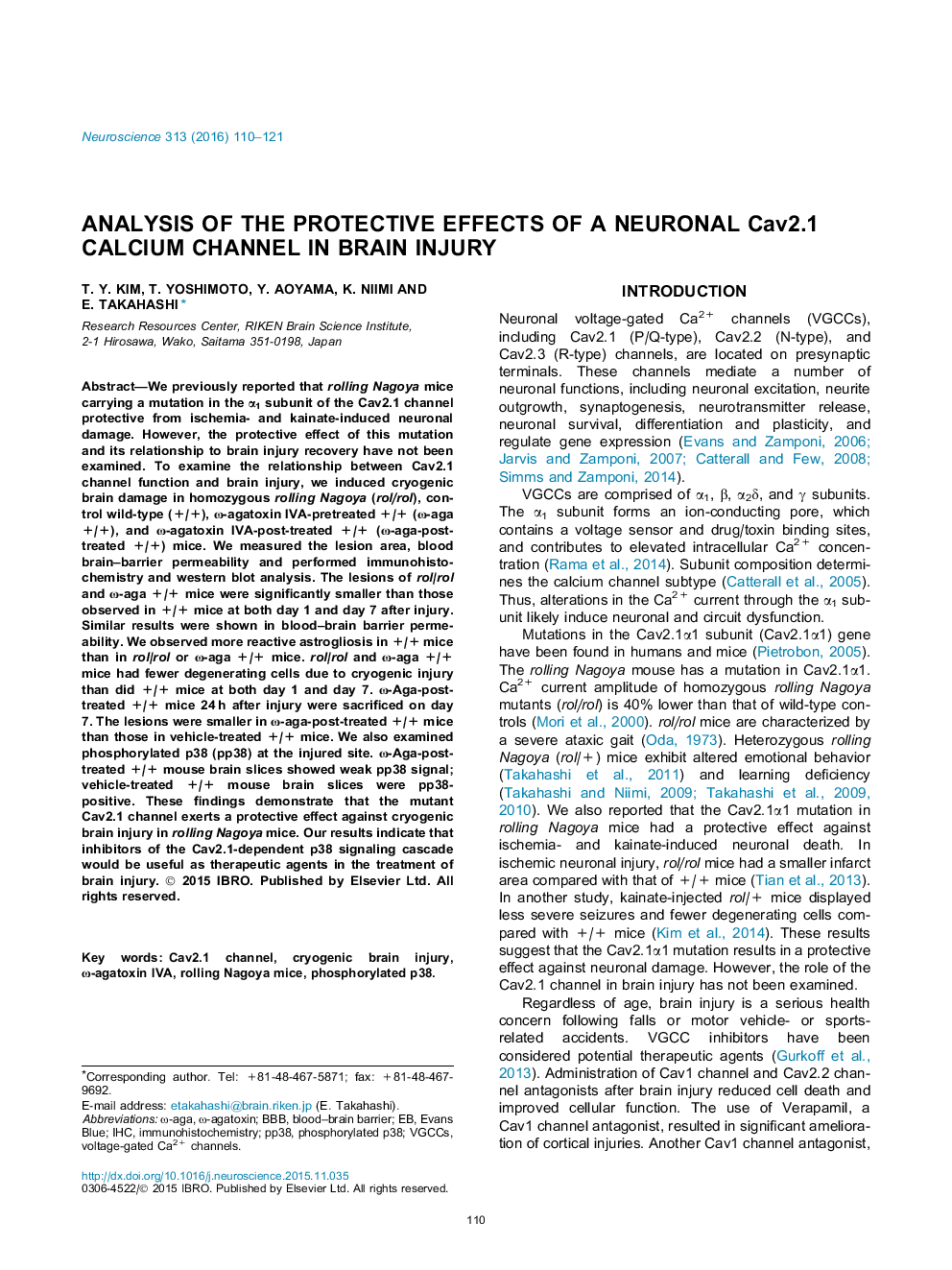 Analysis of the protective effects of a neuronal Cav2.1 calcium channel in brain injury