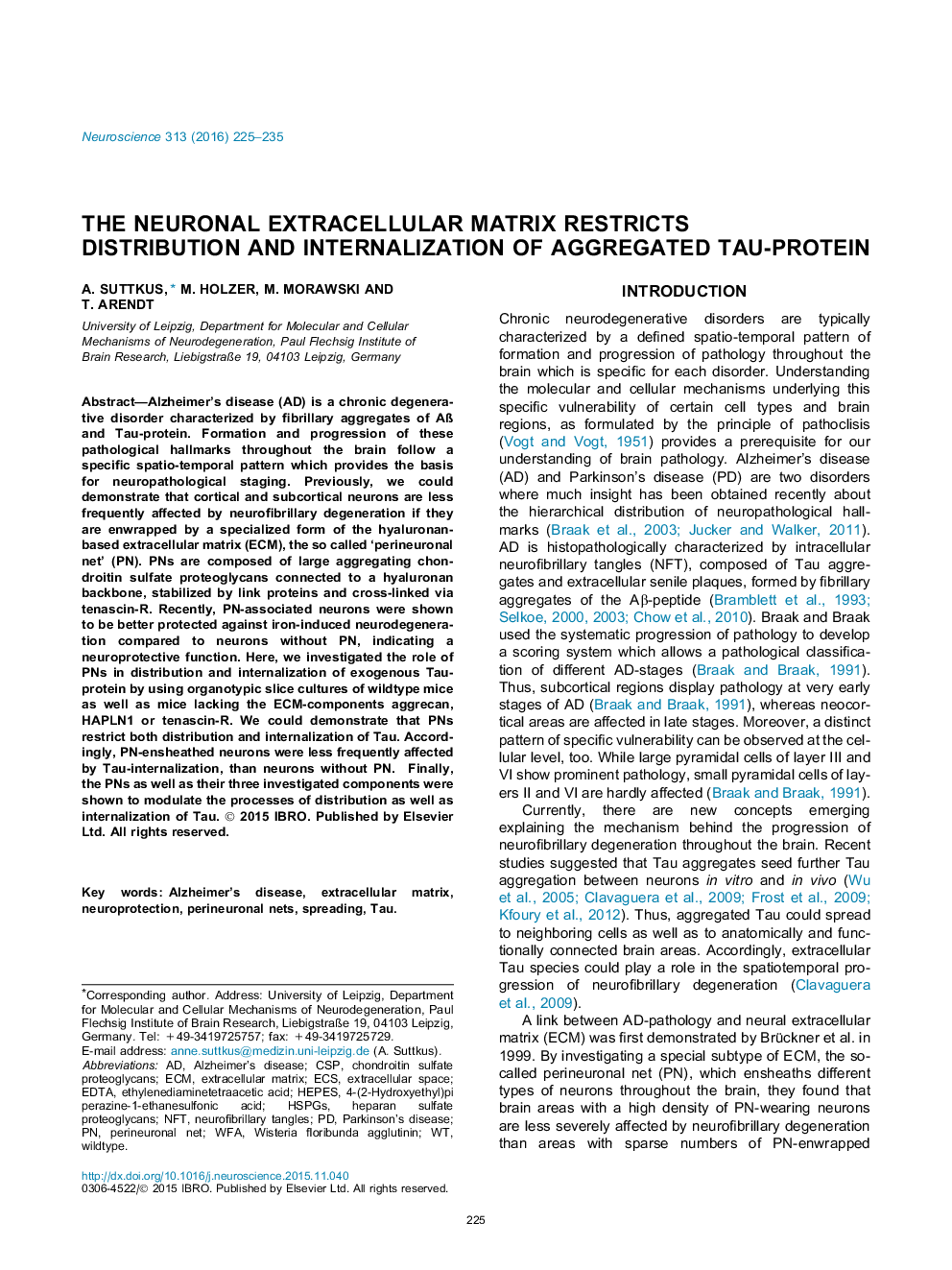 The neuronal extracellular matrix restricts distribution and internalization of aggregated Tau-protein