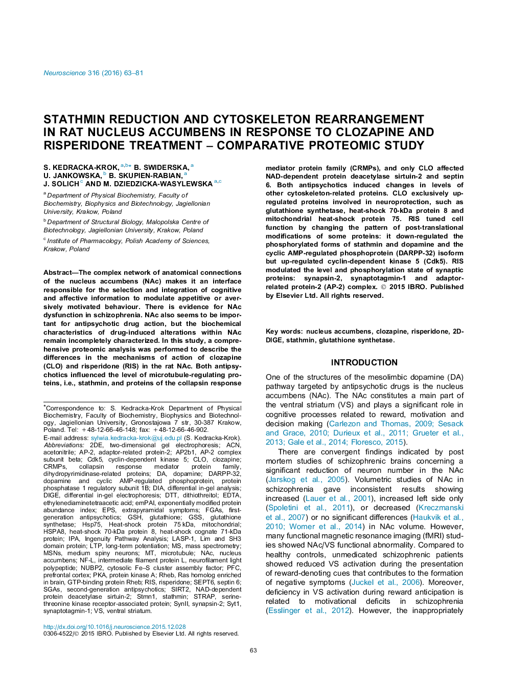 Stathmin reduction and cytoskeleton rearrangement in rat nucleus accumbens in response to clozapine and risperidone treatment - Comparative proteomic study