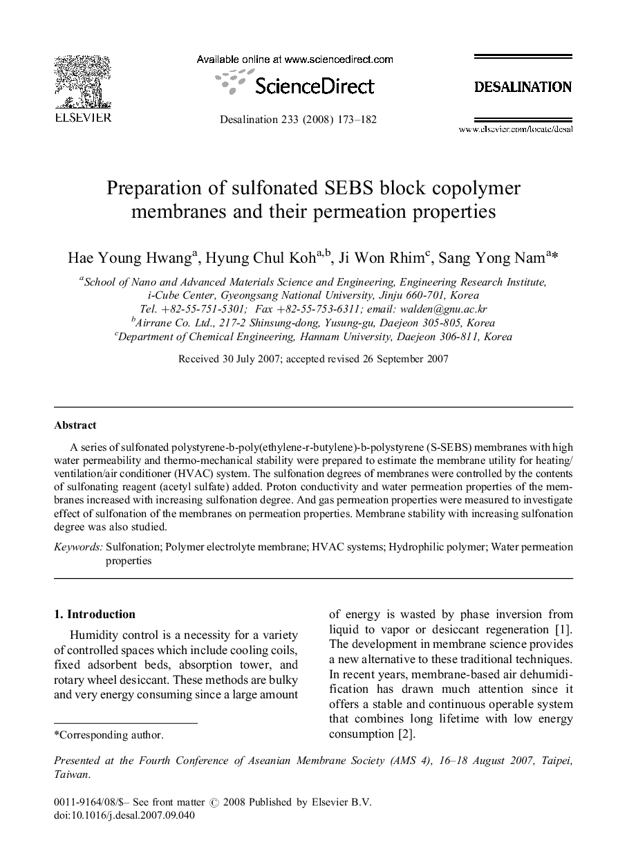 Preparation of sulfonated SEBS block copolymer membranes and their permeation properties