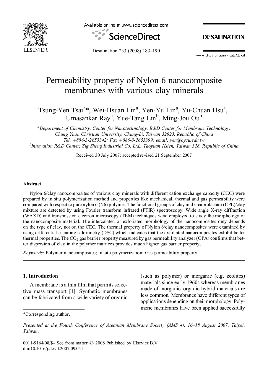 Permeability property of Nylon 6 nanocomposite membranes with various clay minerals