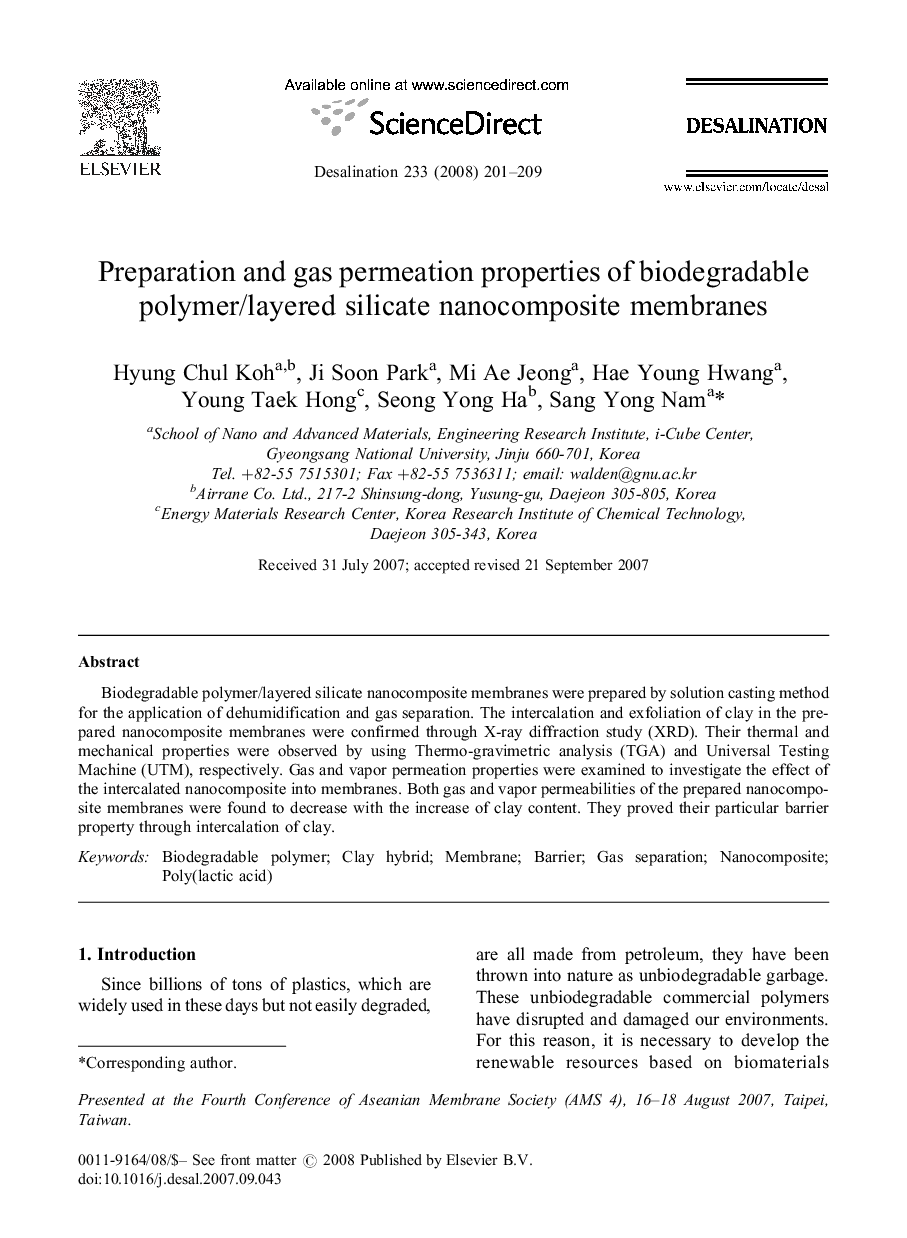 Preparation and gas permeation properties of biodegradable polymer/layered silicate nanocomposite membranes