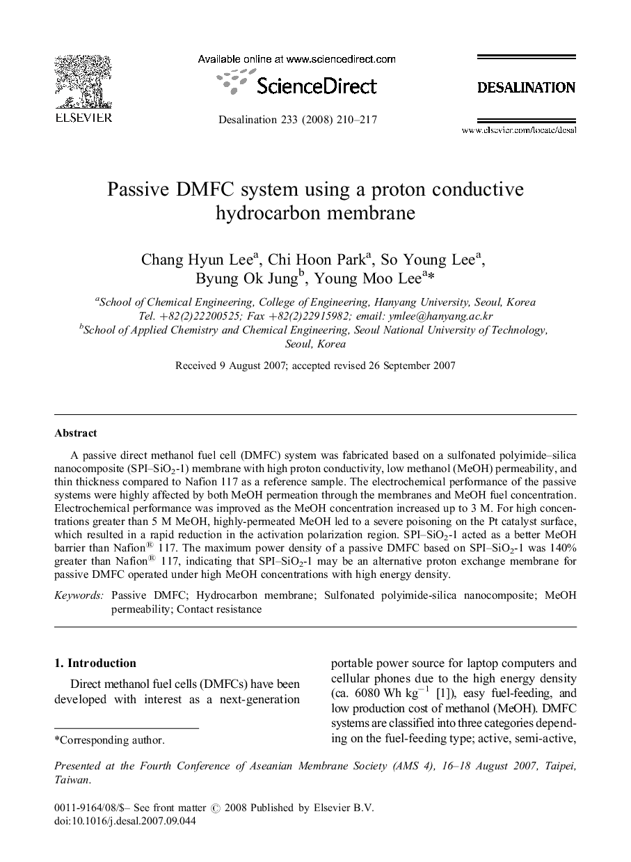 Passive DMFC system using a proton conductive hydrocarbon membrane