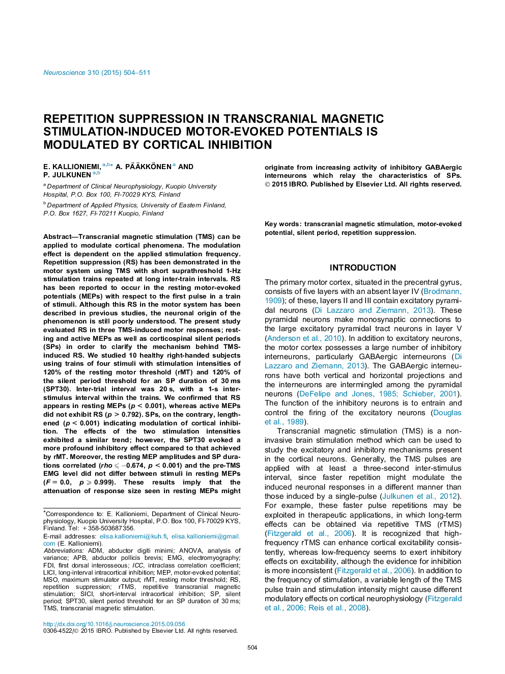 Repetition suppression in transcranial magnetic stimulation-induced motor-evoked potentials is modulated by cortical inhibition