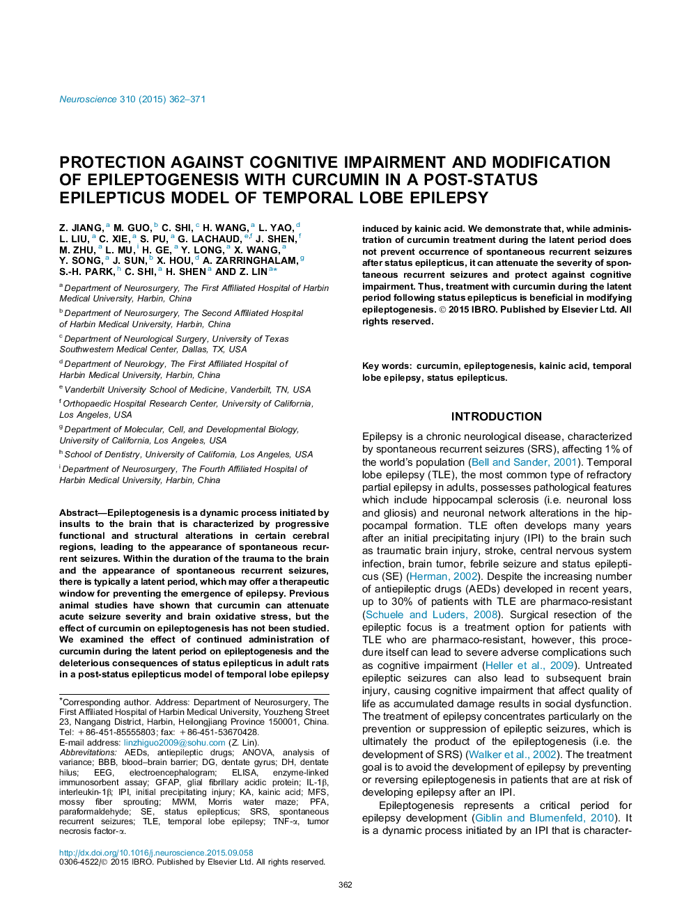 Protection against cognitive impairment and modification of epileptogenesis with curcumin in a post-status epilepticus model of temporal lobe epilepsy