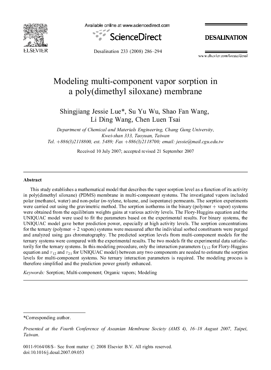 Modeling multi-component vapor sorption in a poly(dimethyl siloxane) membrane