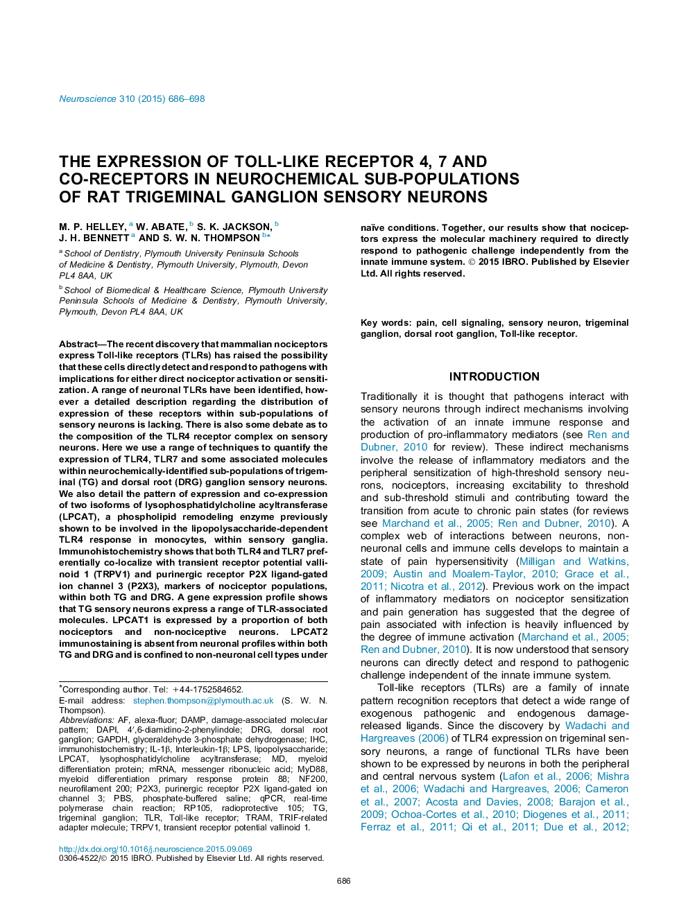 The expression of Toll-like receptor 4, 7 and co-receptors in neurochemical sub-populations of rat trigeminal ganglion sensory neurons