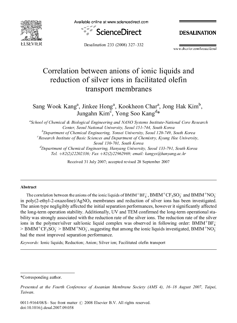 Correlation between anions of ionic liquids and reduction of silver ions in facilitated olefin transport membranes