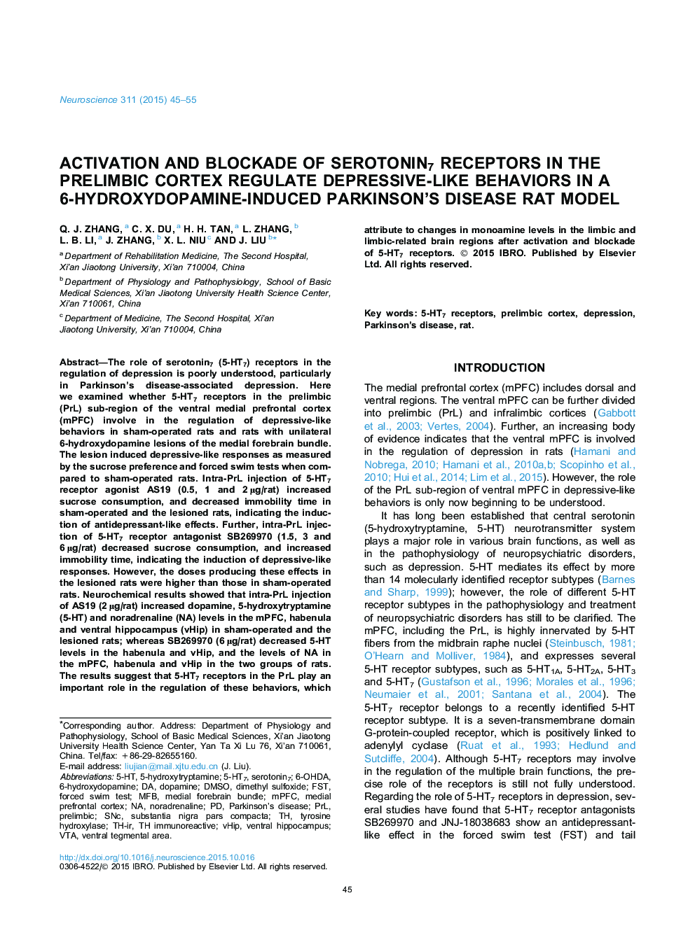 Activation and blockade of serotonin7 receptors in the prelimbic cortex regulate depressive-like behaviors in a 6-hydroxydopamine-induced Parkinson's disease rat model