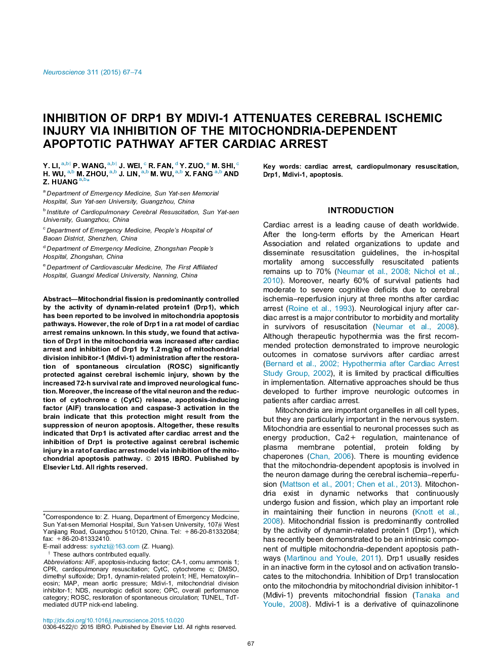 Inhibition of Drp1 by Mdivi-1 attenuates cerebral ischemic injury via inhibition of the mitochondria-dependent apoptotic pathway after cardiac arrest