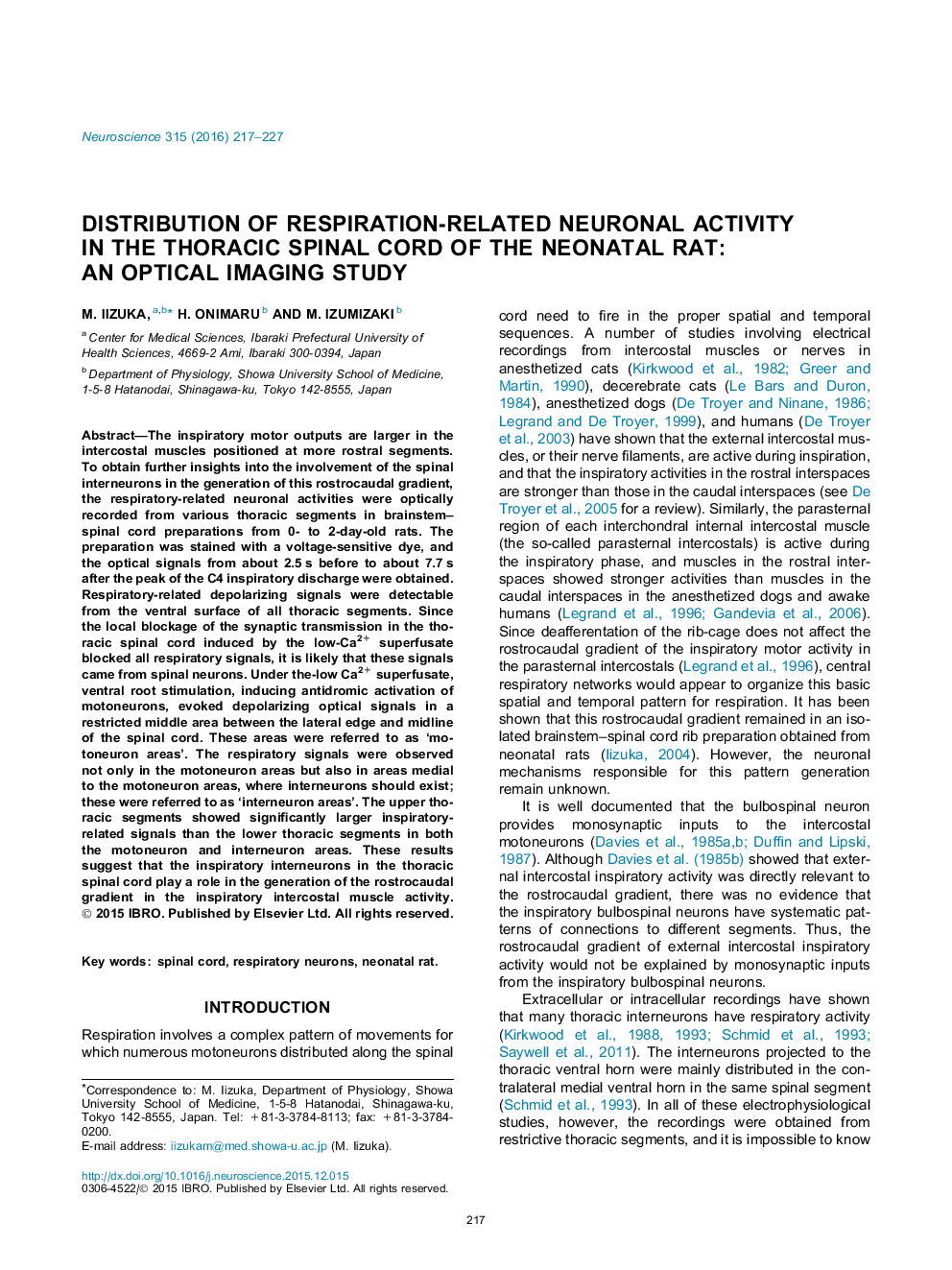 Distribution of respiration-related neuronal activity in the thoracic spinal cord of the neonatal rat: An optical imaging study