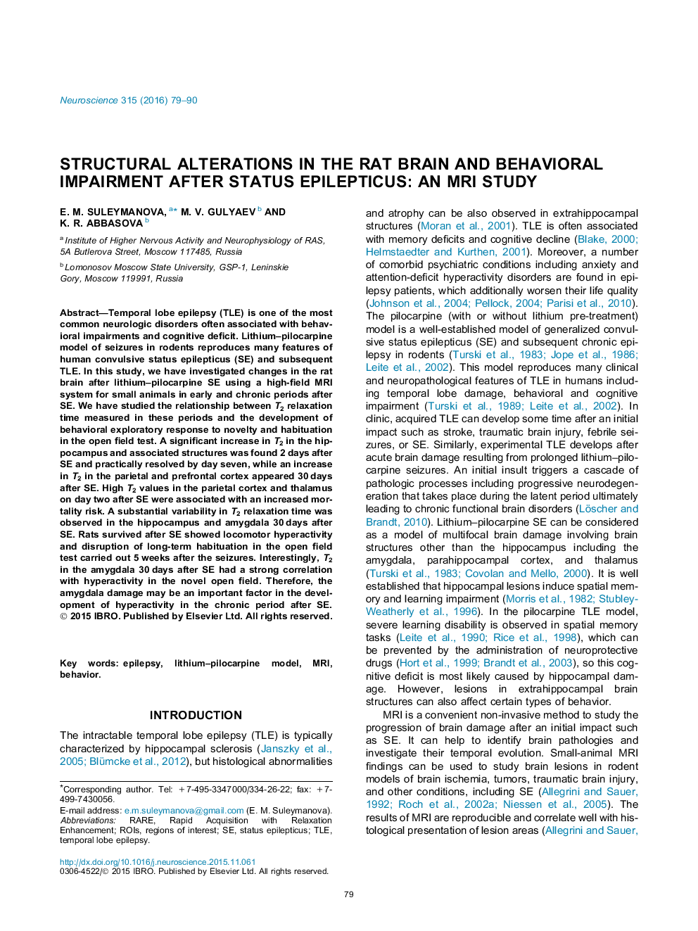 Structural alterations in the rat brain and behavioral impairment after status epilepticus: An MRI study