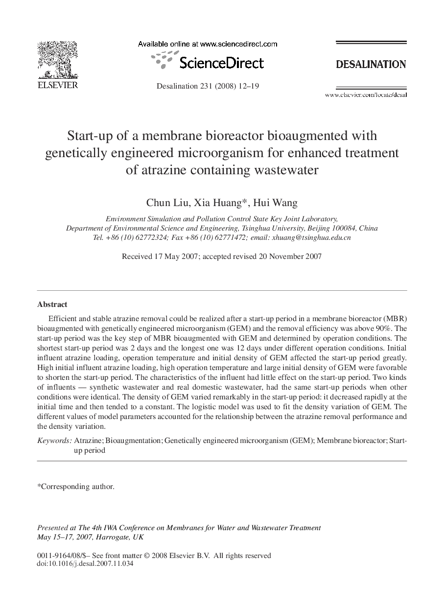 Start-up of a membrane bioreactor bioaugmented with genetically engineered microorganism for enhanced treatment of atrazine containing wastewater