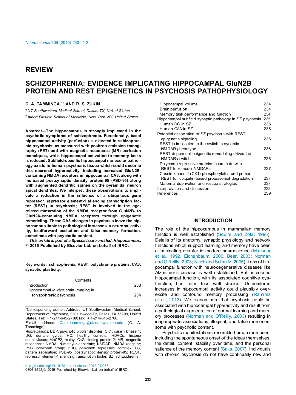 ReviewSchizophrenia: Evidence implicating hippocampal GluN2B protein and REST epigenetics in psychosis pathophysiology