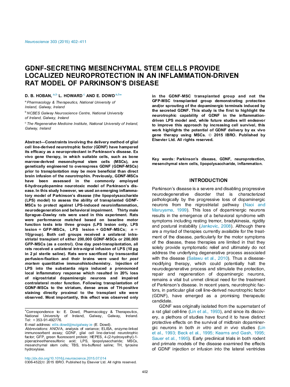 GDNF-secreting mesenchymal stem cells provide localized neuroprotection in an inflammation-driven rat model of Parkinson's disease