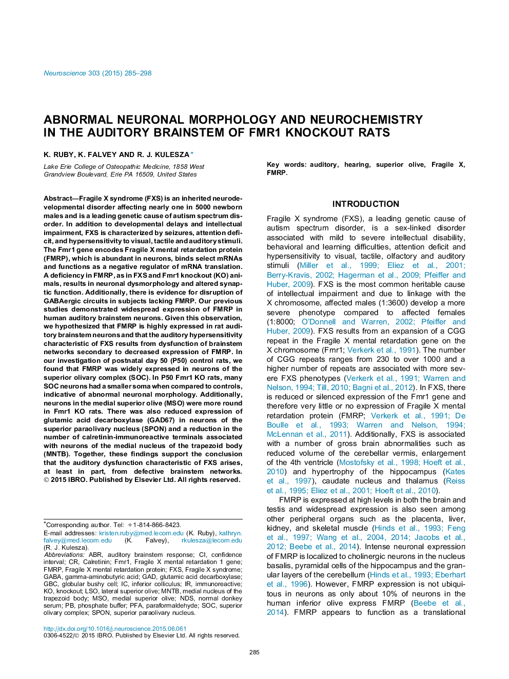 Abnormal neuronal morphology and neurochemistry in the auditory brainstem of Fmr1 knockout rats