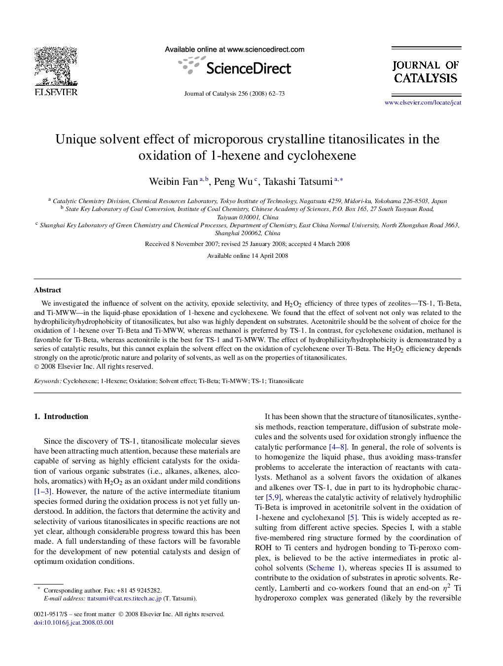 Unique solvent effect of microporous crystalline titanosilicates in the oxidation of 1-hexene and cyclohexene