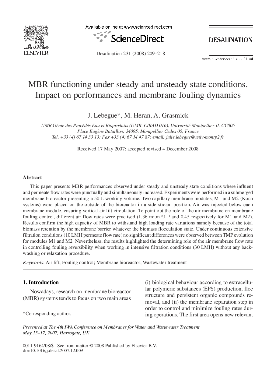 MBR functioning under steady and unsteady state conditions. Impact on performances and membrane fouling dynamics