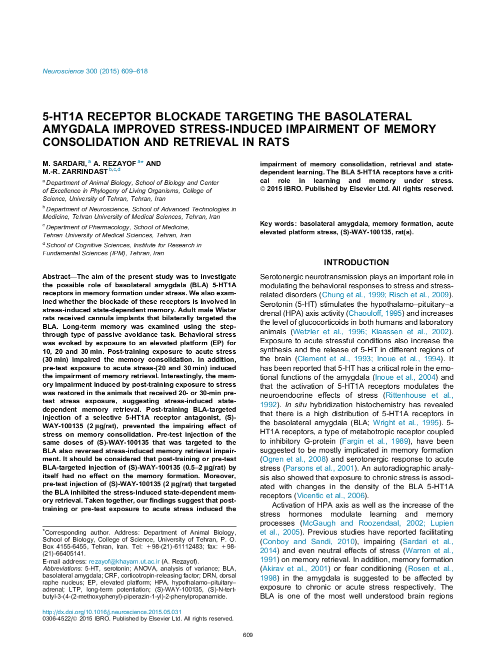 5-HT1A receptor blockade targeting the basolateral amygdala improved stress-induced impairment of memory consolidation and retrieval in rats