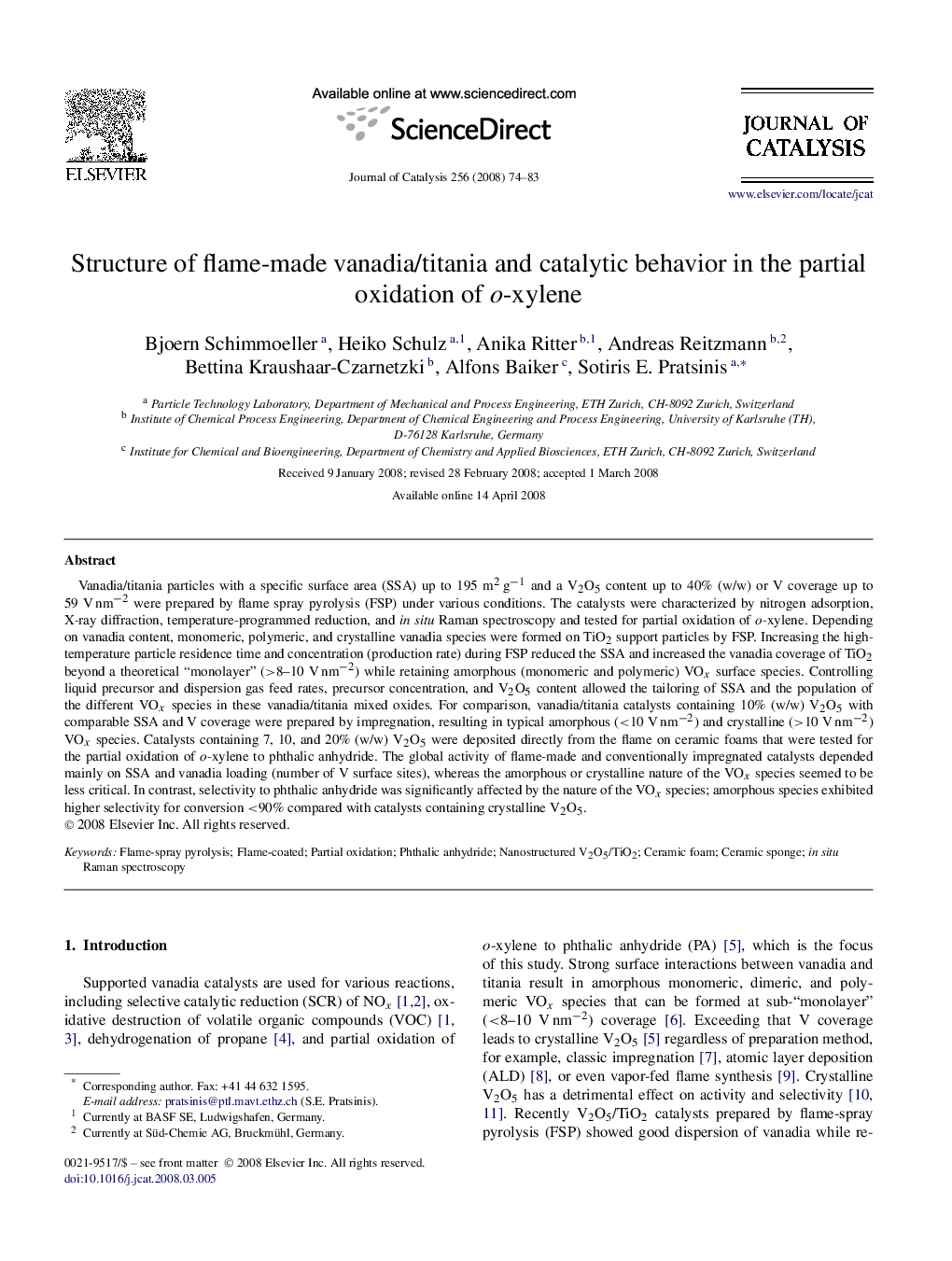 Structure of flame-made vanadia/titania and catalytic behavior in the partial oxidation of o-xylene