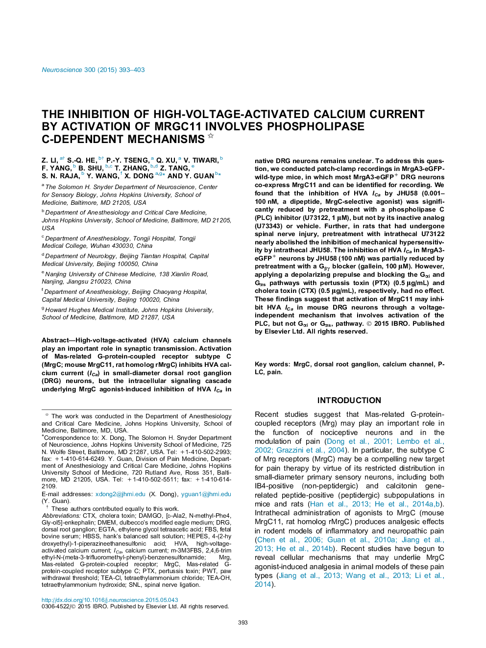 The inhibition of high-voltage-activated calcium current by activation of MrgC11 involves phospholipase C-dependent mechanisms