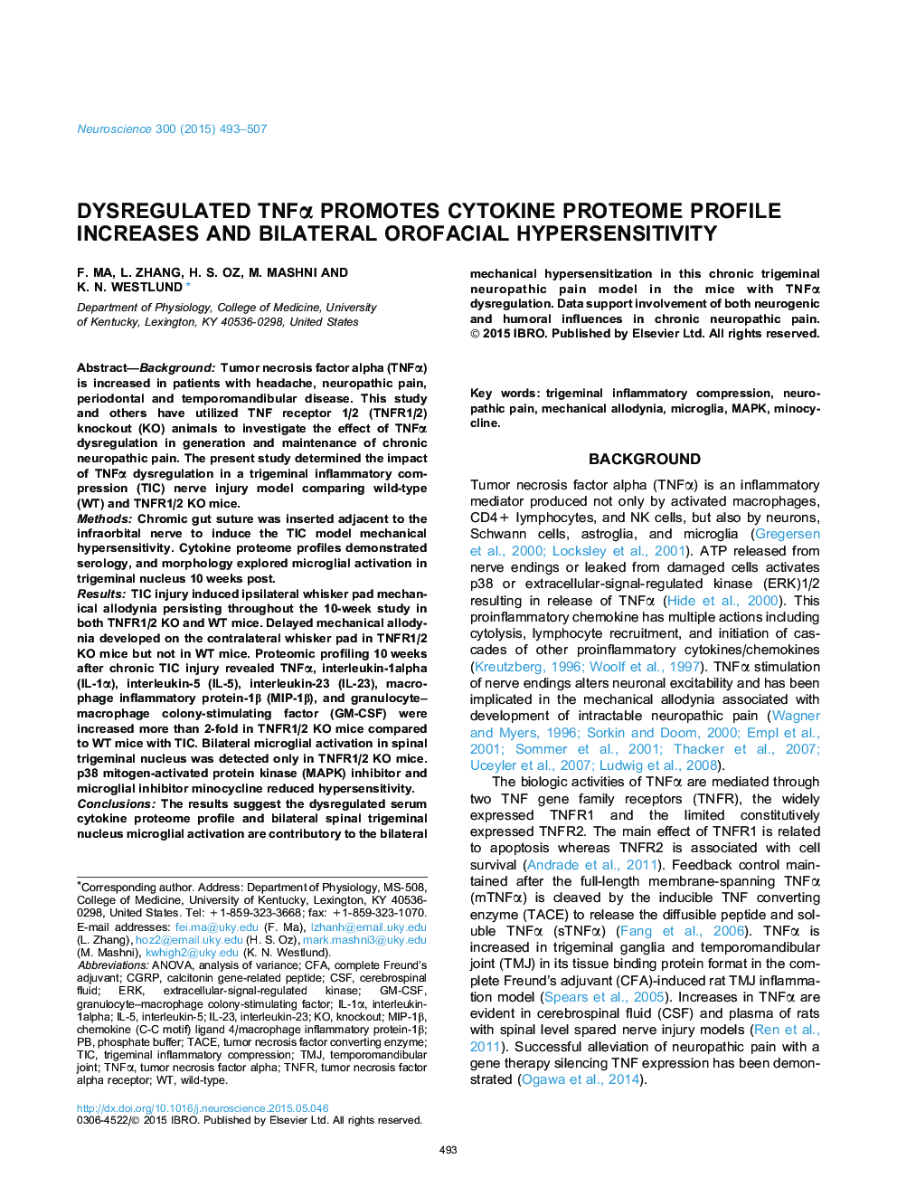 Dysregulated TNFÎ± promotes cytokine proteome profile increases and bilateral orofacial hypersensitivity