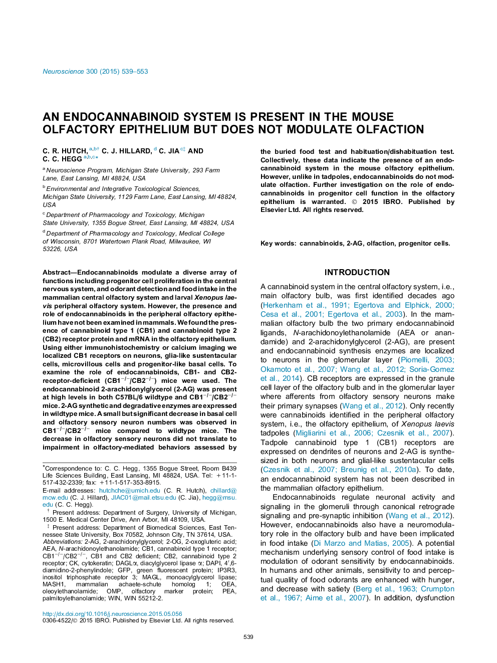 An endocannabinoid system is present in the mouse olfactory epithelium but does not modulate olfaction