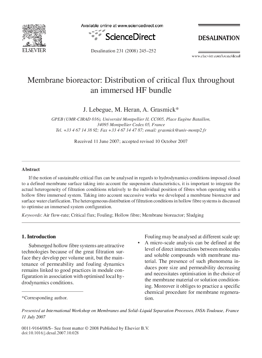 Membrane bioreactor: Distribution of critical flux throughout an immersed HF bundle