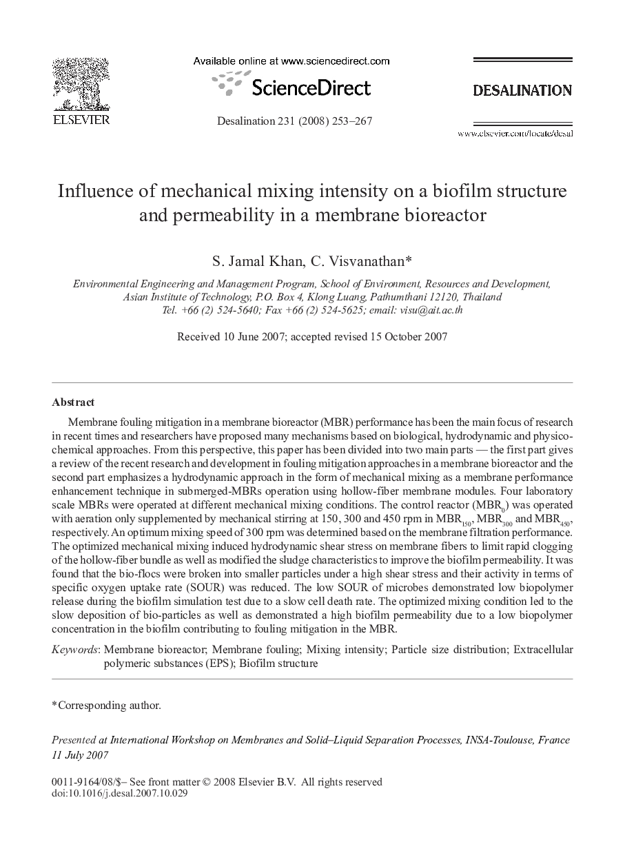 Influence of mechanical mixing intensity on a biofilm structure and permeability in a membrane bioreactor