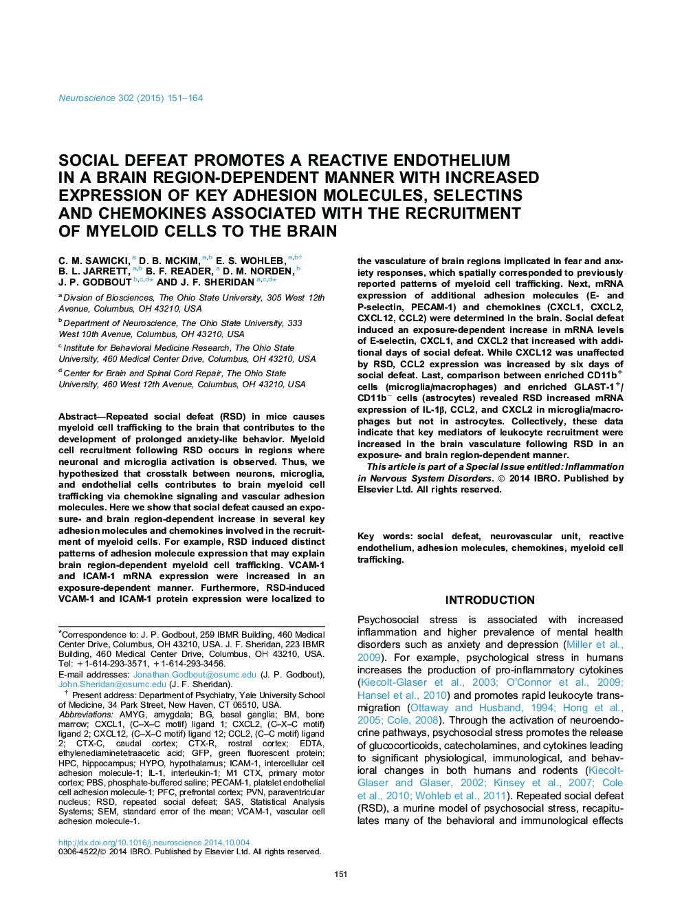 Social defeat promotes a reactive endothelium in a brain region-dependent manner with increased expression of key adhesion molecules, selectins and chemokines associated with the recruitment of myeloid cells to the brain