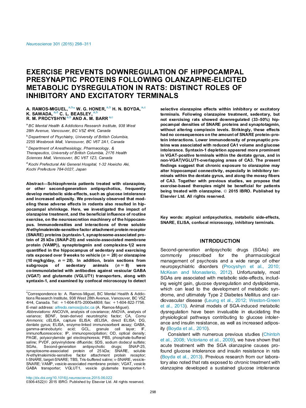 Exercise prevents downregulation of hippocampal presynaptic proteins following olanzapine-elicited metabolic dysregulation in rats: Distinct roles of inhibitory and excitatory terminals