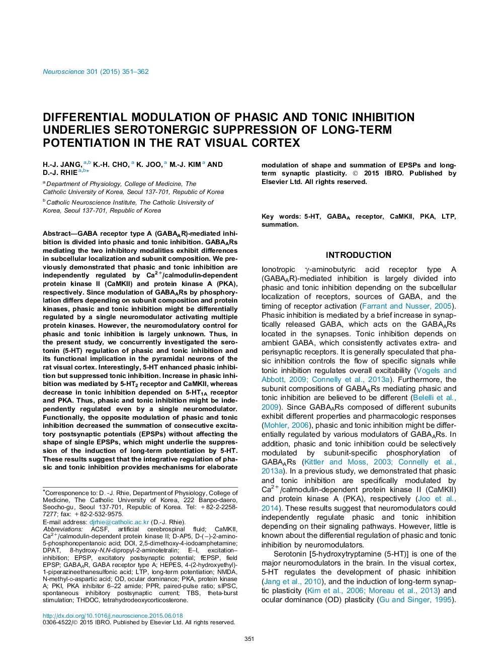 Differential modulation of phasic and tonic inhibition underlies serotonergic suppression of long-term potentiation in the rat visual cortex