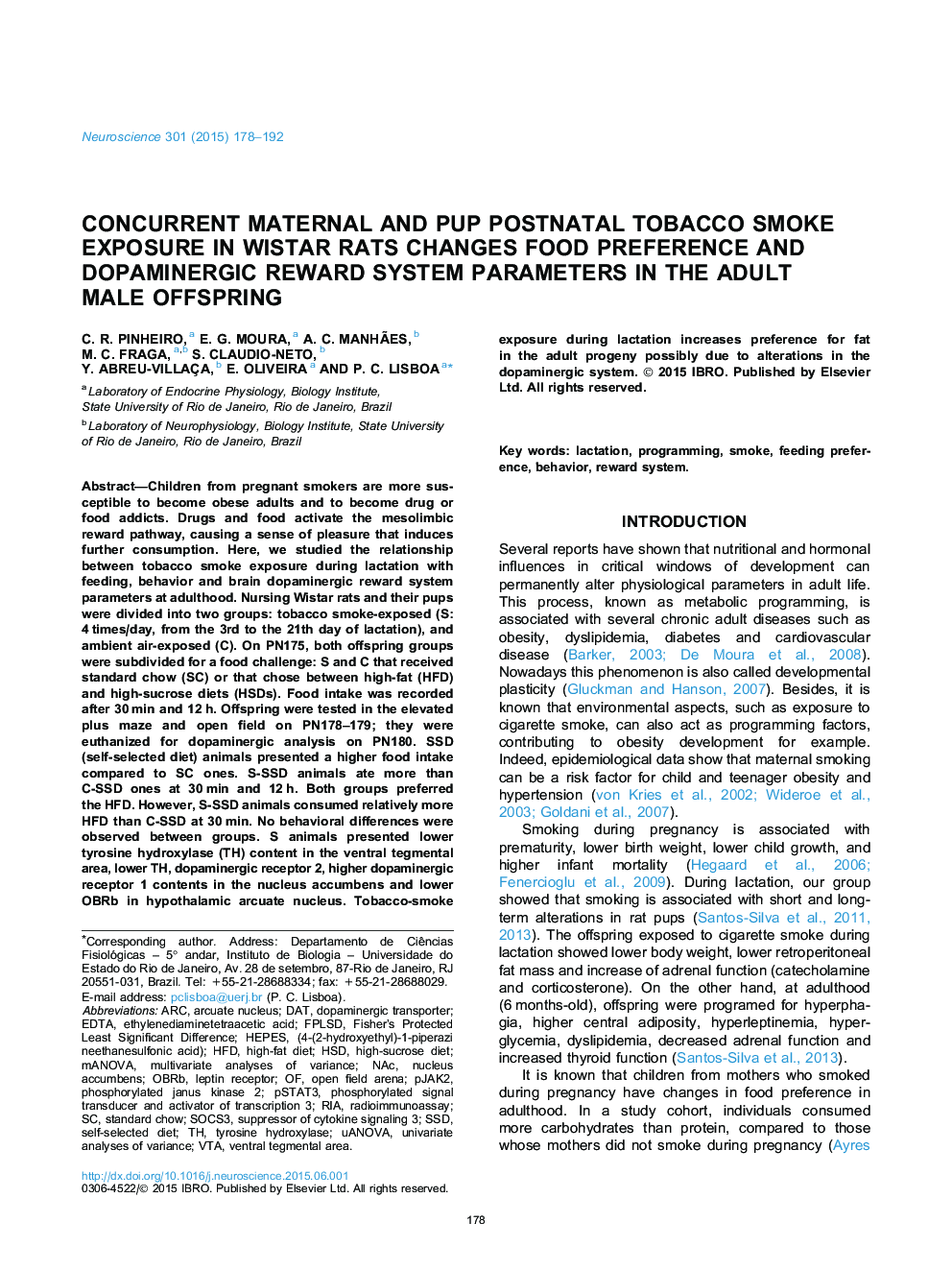 Concurrent maternal and pup postnatal tobacco smoke exposure in Wistar rats changes food preference and dopaminergic reward system parameters in the adult male offspring