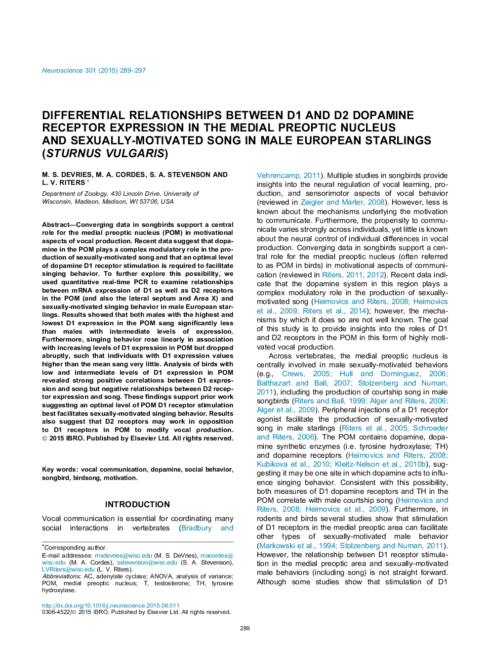 Differential relationships between D1 and D2 dopamine receptor expression in the medial preoptic nucleus and sexually-motivated song in male European starlings (Sturnus vulgaris)