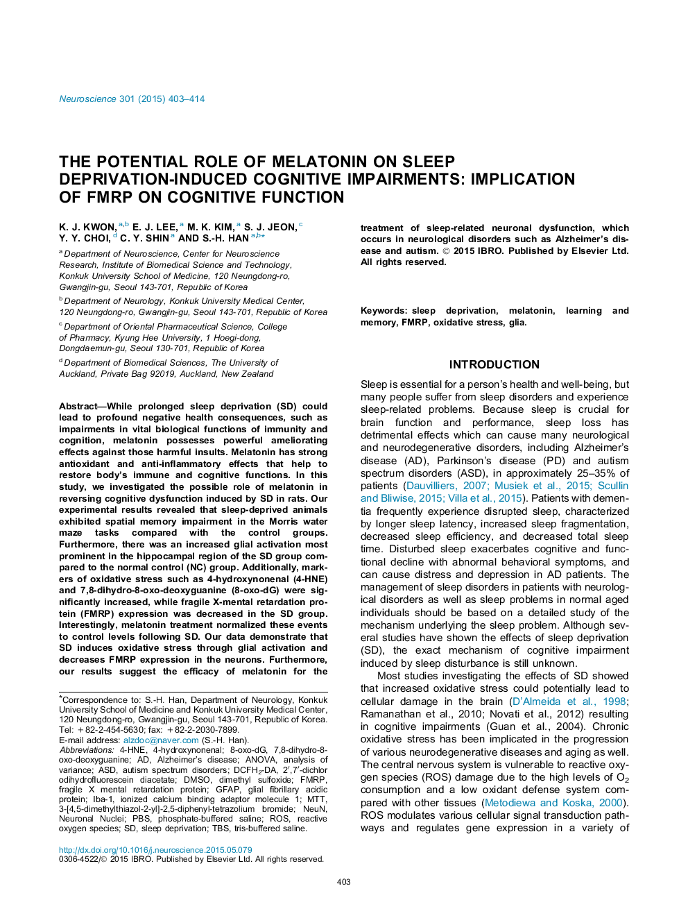 The potential role of melatonin on sleep deprivation-induced cognitive impairments: Implication of FMRP on cognitive function