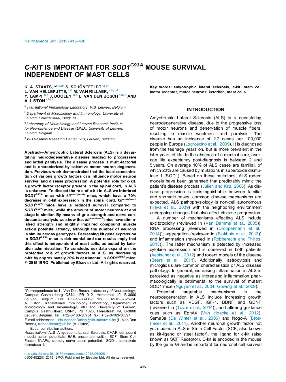 C-kit is important for SOD1G93A mouse survival independent of mast cells